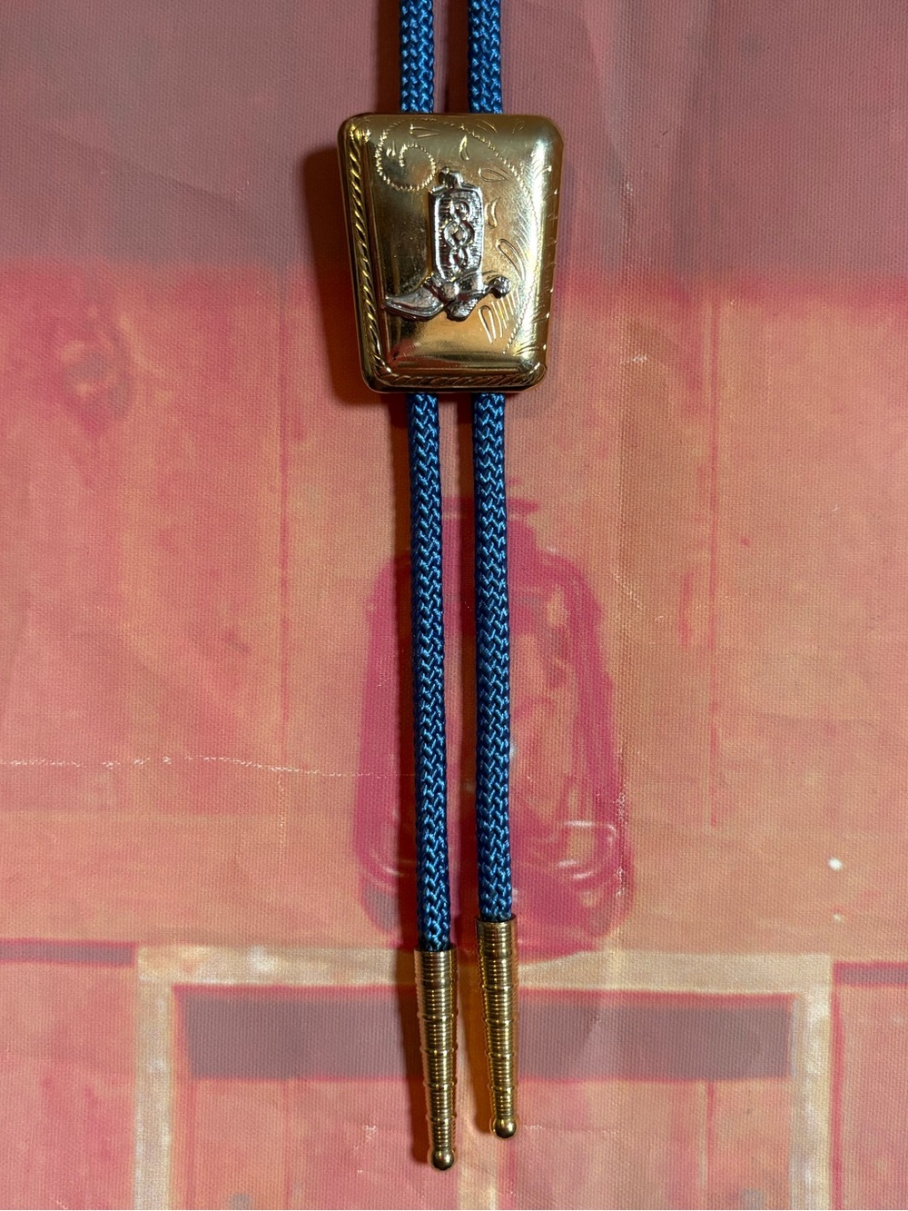 😍 Vintage Cowboy Boot Bolo Tie Gold Silver Tone - Blue Cord